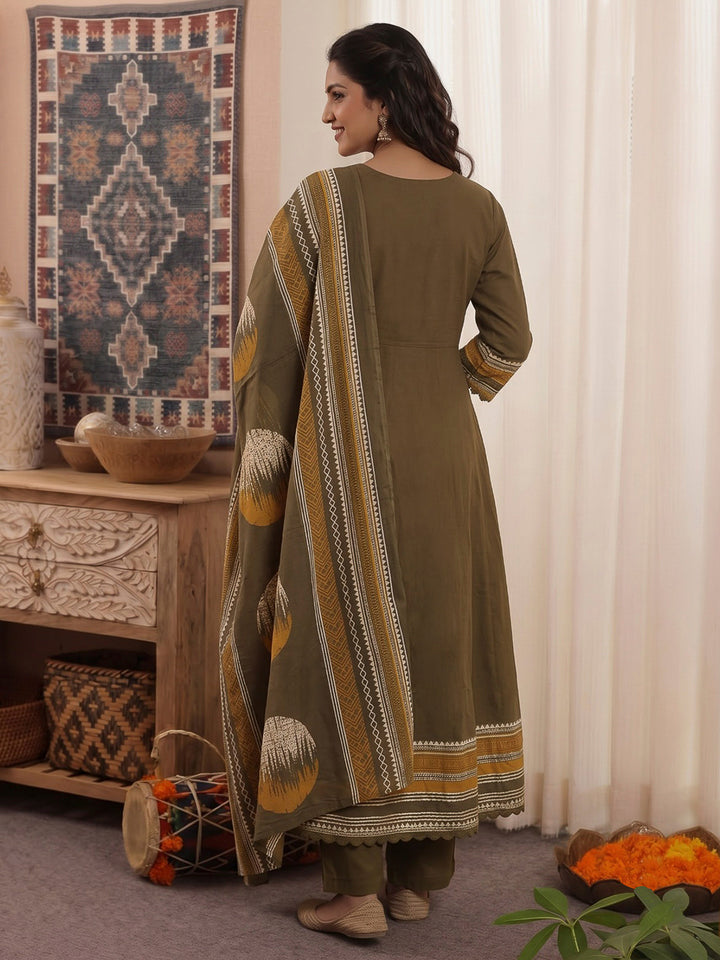 Mehndi Printed Cotton Blend Kurta With Pant &amp; Dupatta