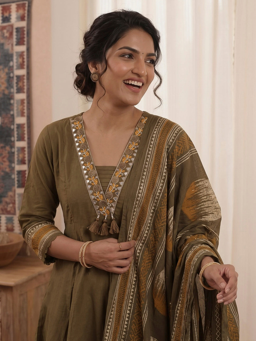 Mehndi Printed Cotton Blend Kurta With Pant &amp; Dupatta