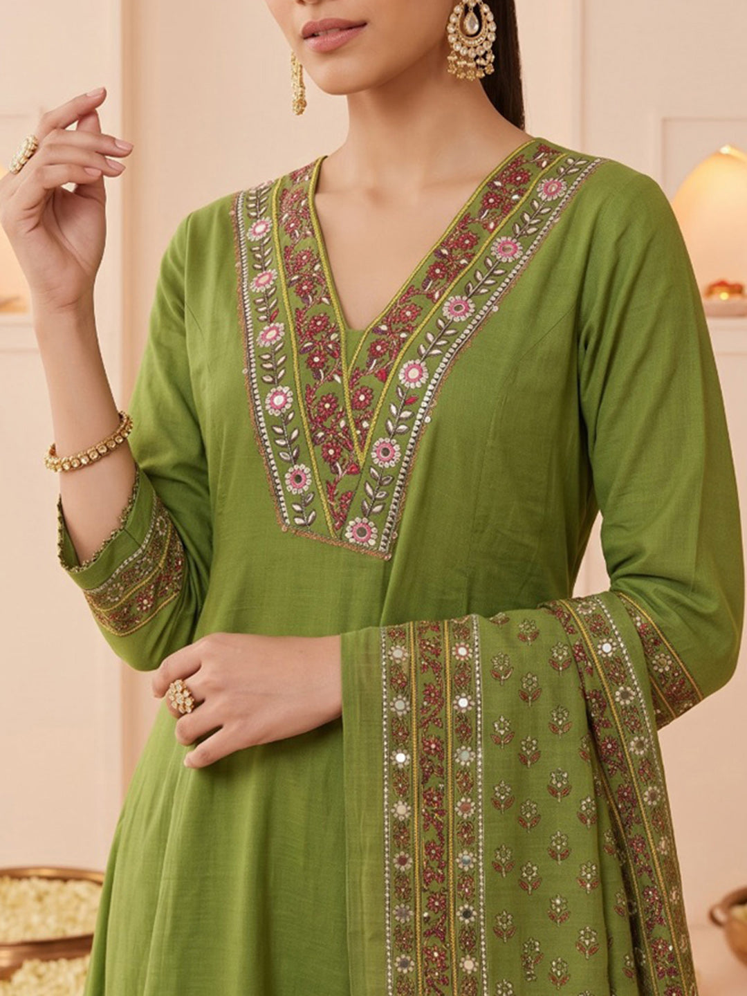 Green Embroidered Cotton Blend Kurta With Pant &amp; Dupatta