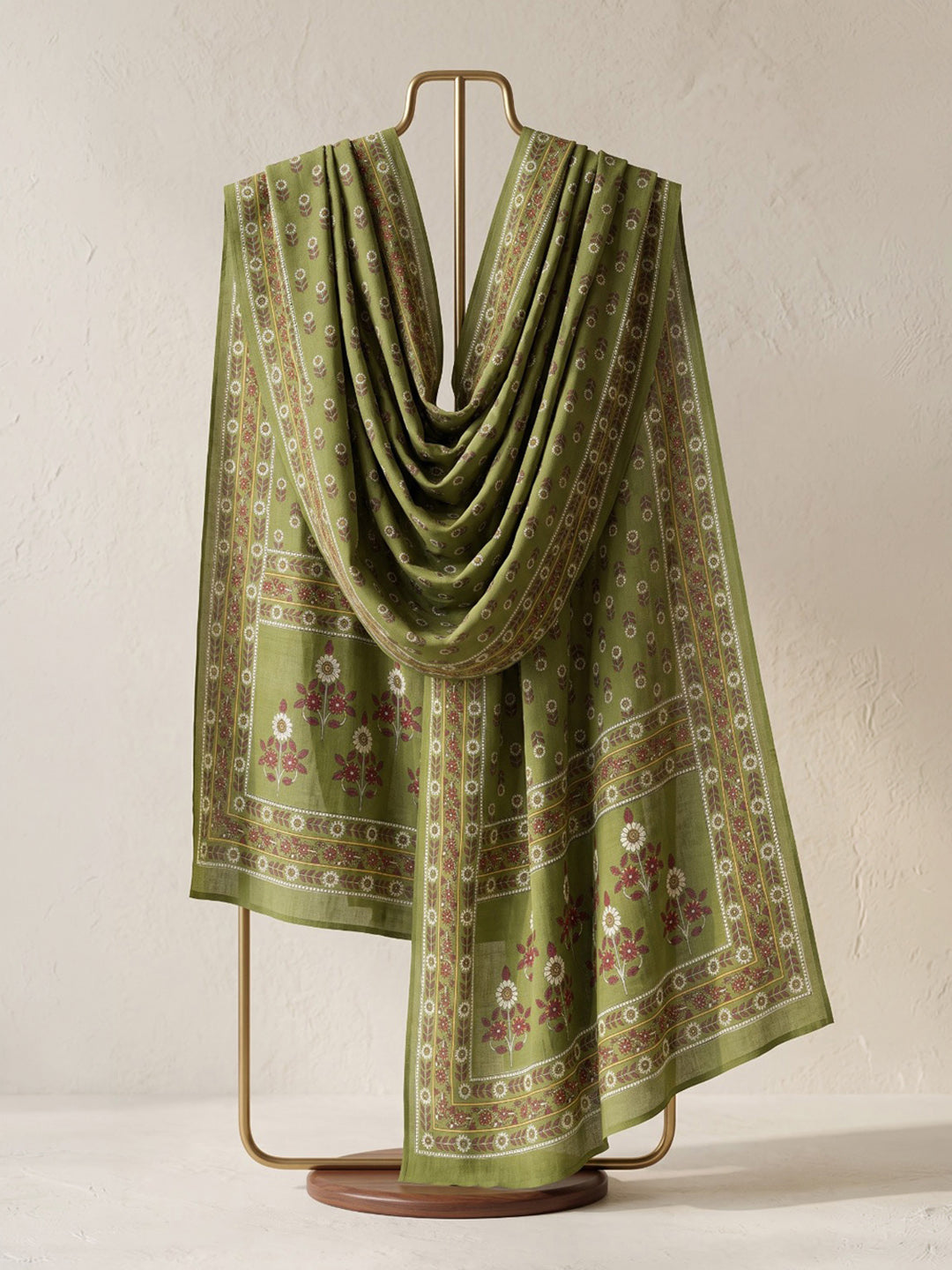 Green Embroidered Cotton Blend Kurta With Pant &amp; Dupatta
