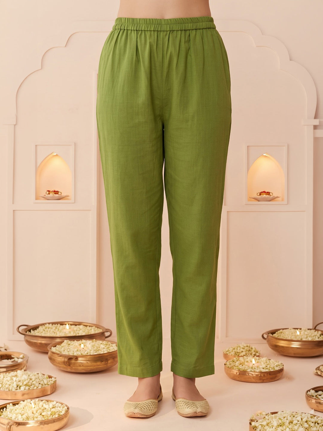 Green Embroidered Cotton Blend Kurta With Pant &amp; Dupatta