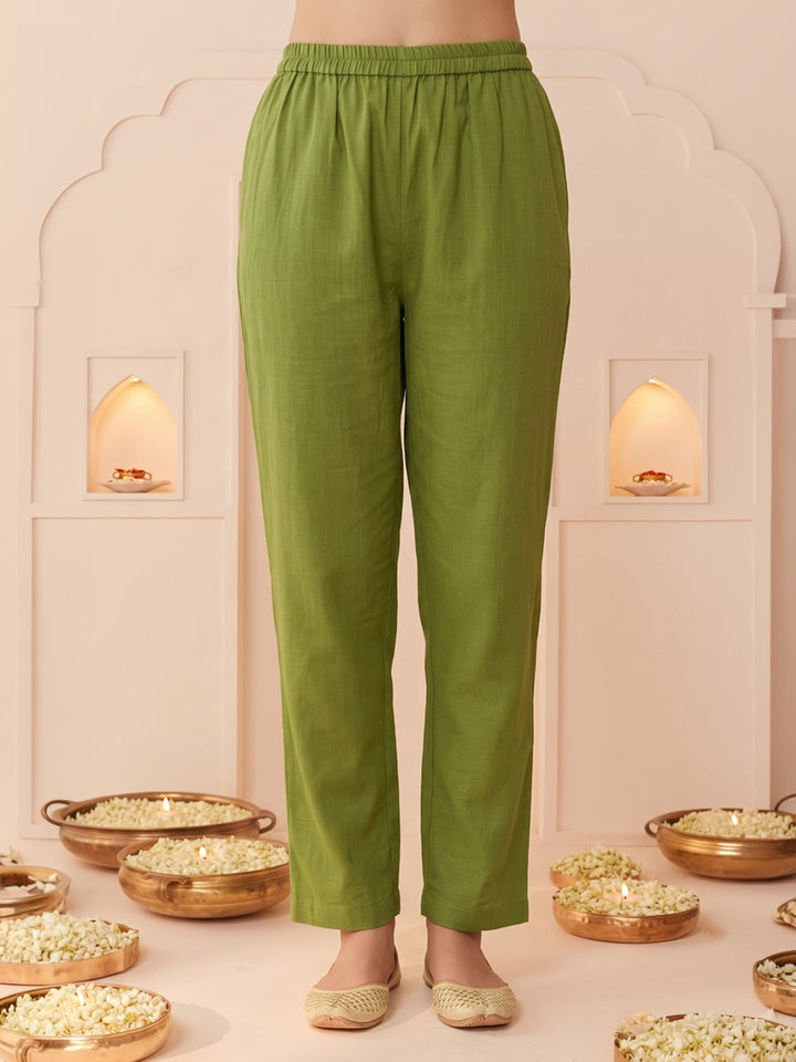 Green Embroidered Cotton Blend Kurta With Pant &amp; Dupatta