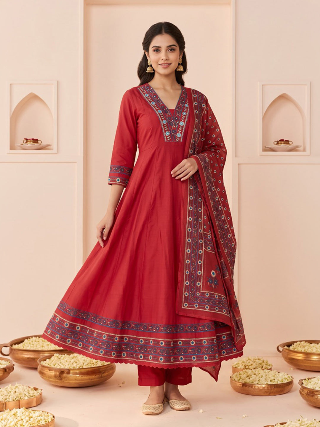 Maroon Embroidered Cotton Blend Kurta With Pant &amp; Dupatta
