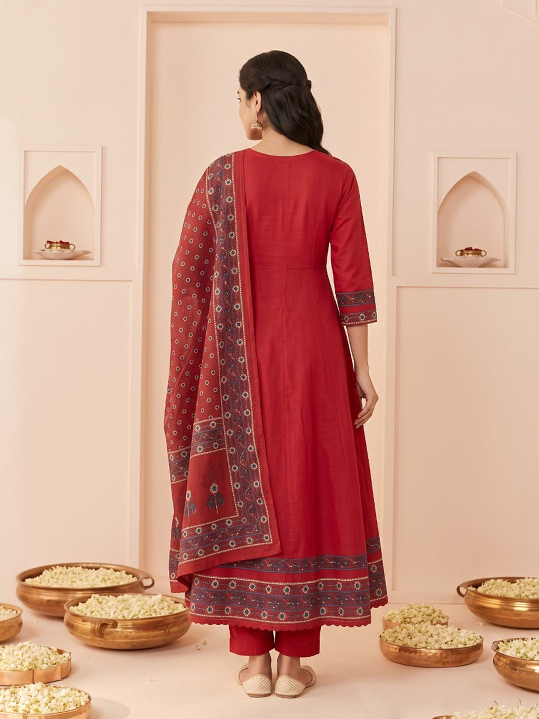 Maroon Embroidered Cotton Blend Kurta With Pant &amp; Dupatta