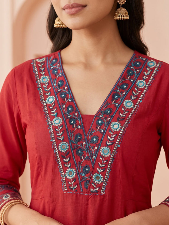 Maroon Embroidered Cotton Blend Kurta With Pant &amp; Dupatta
