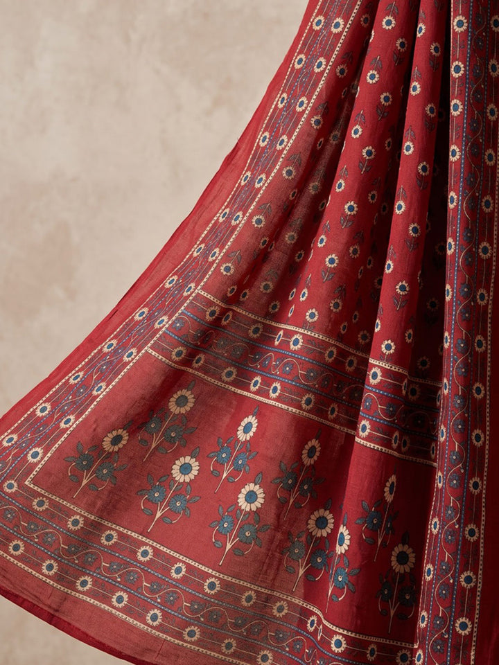 Maroon Embroidered Cotton Blend Kurta With Pant &amp; Dupatta