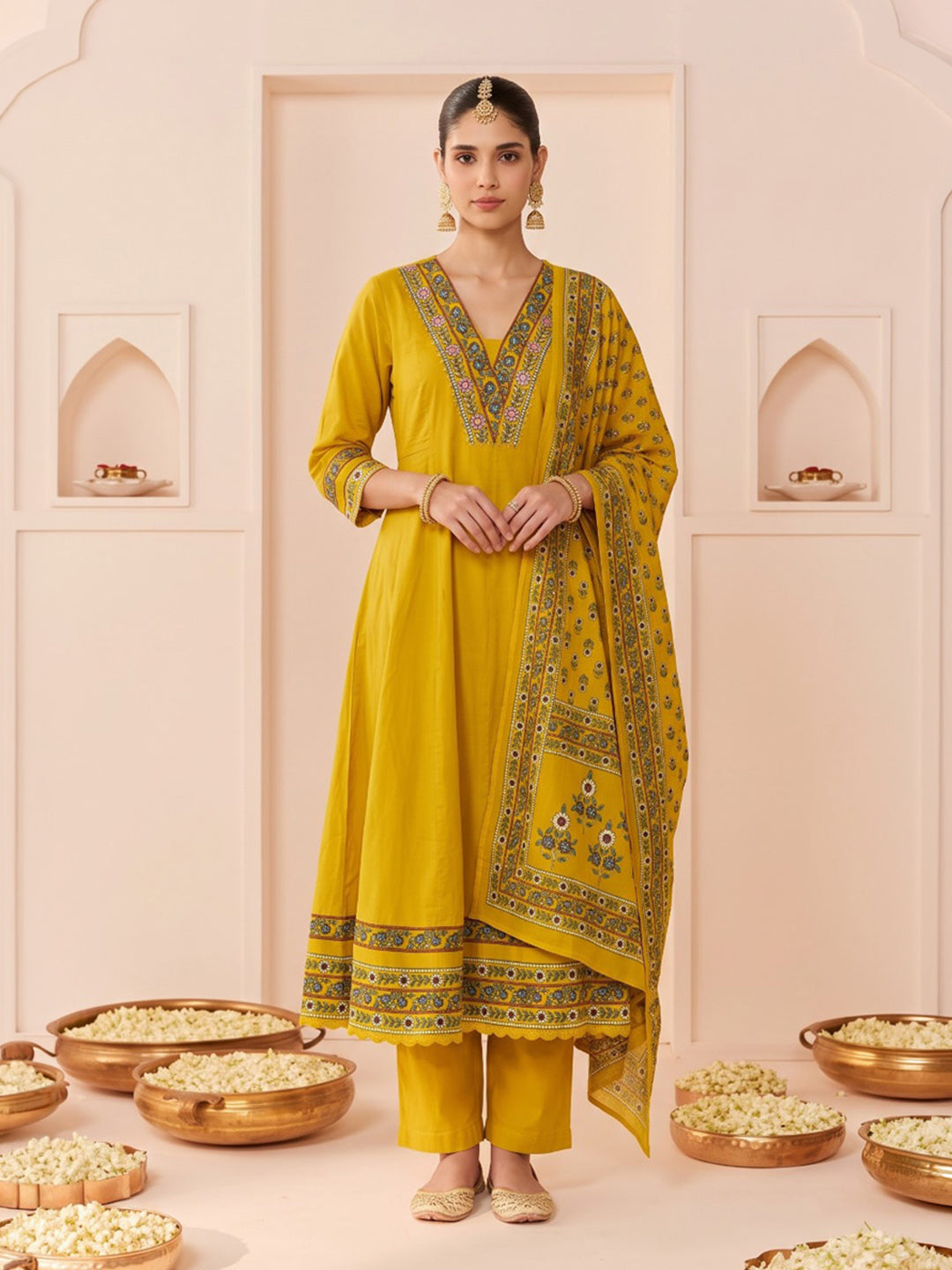 Mustard Embroidered Cotton Blend Kurta With Pant &amp; Dupatta