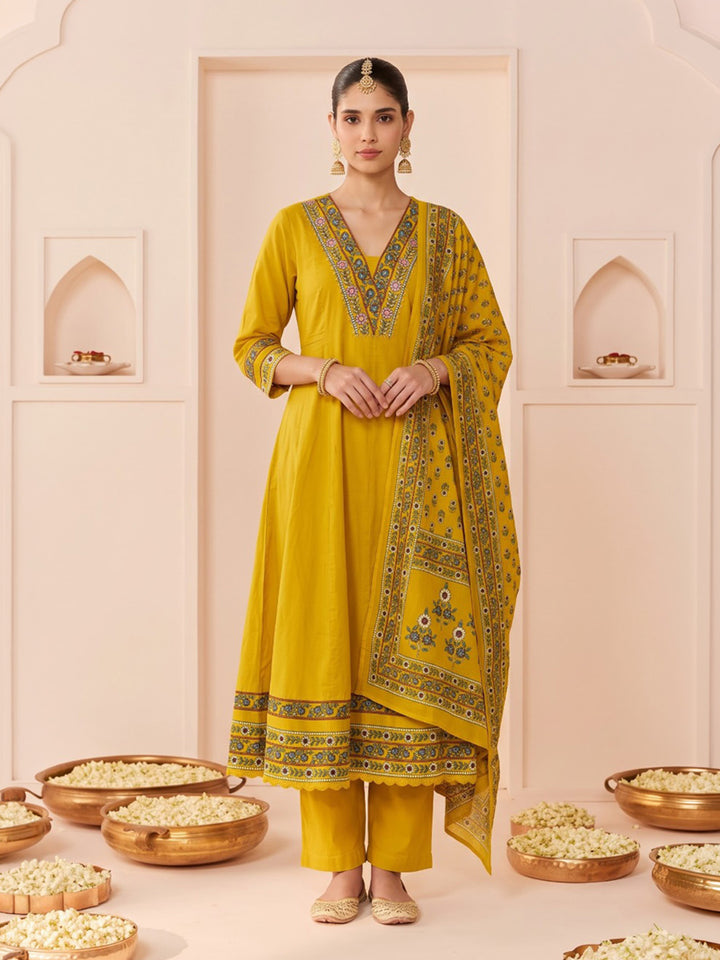 Mustard Embroidered Cotton Blend Kurta With Pant &amp; Dupatta