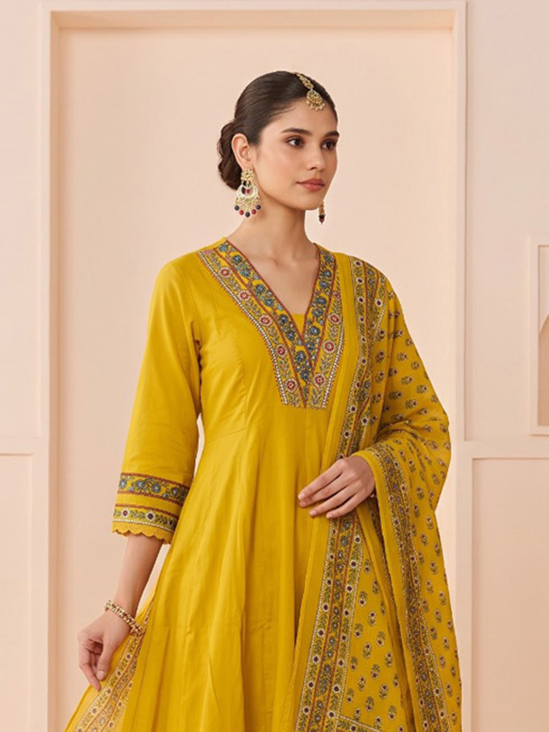Mustard Embroidered Cotton Blend Kurta With Pant &amp; Dupatta