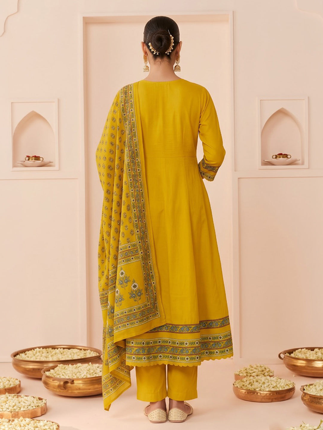 Mustard Embroidered Cotton Blend Kurta With Pant &amp; Dupatta