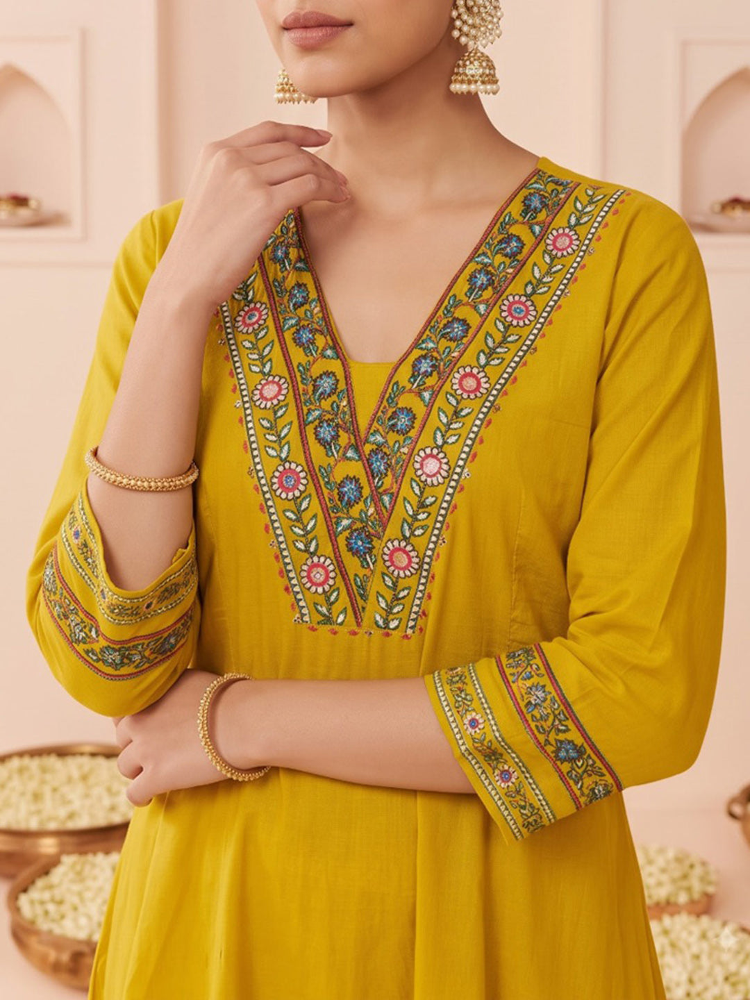 Mustard Embroidered Cotton Blend Kurta With Pant &amp; Dupatta
