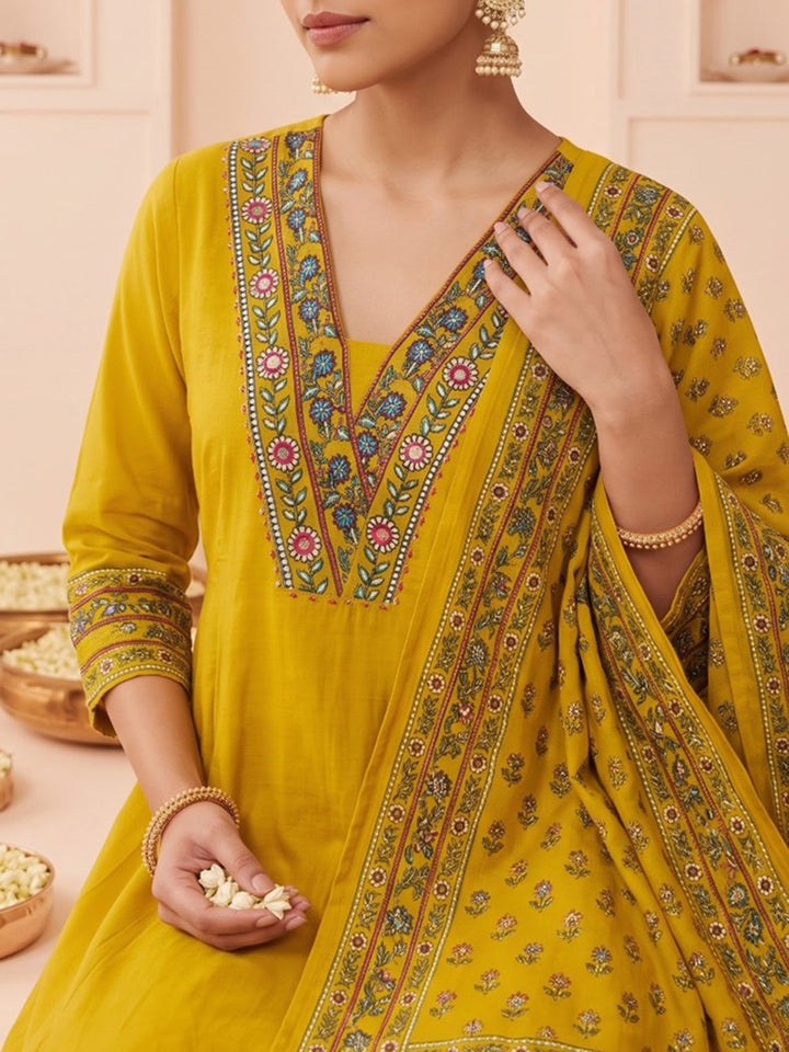 Mustard Embroidered Cotton Blend Kurta With Pant &amp; Dupatta