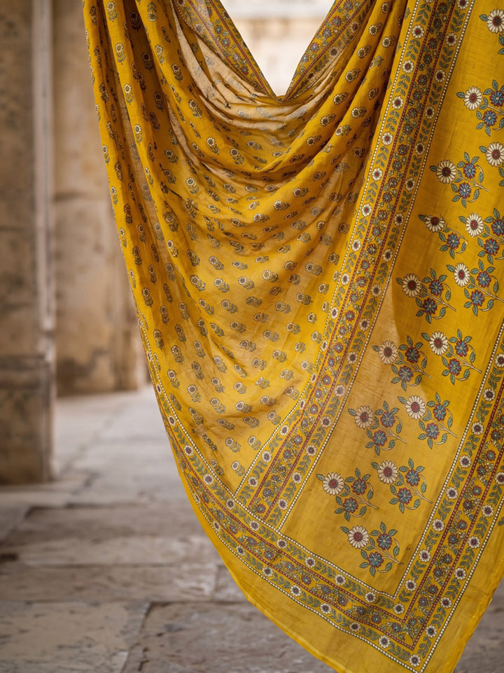 Mustard Embroidered Cotton Blend Kurta With Pant &amp; Dupatta