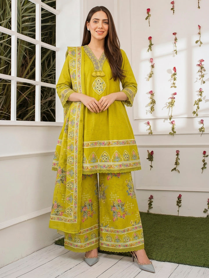 Mustard Embroidered Cotton Blend Kurta With Pant &amp; Dupatta