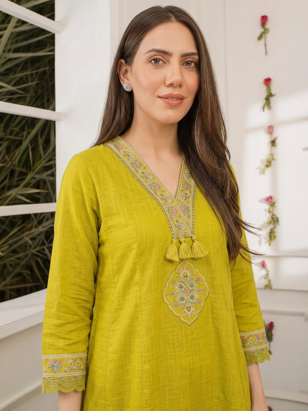 Mustard Embroidered Cotton Blend Kurta With Pant &amp; Dupatta