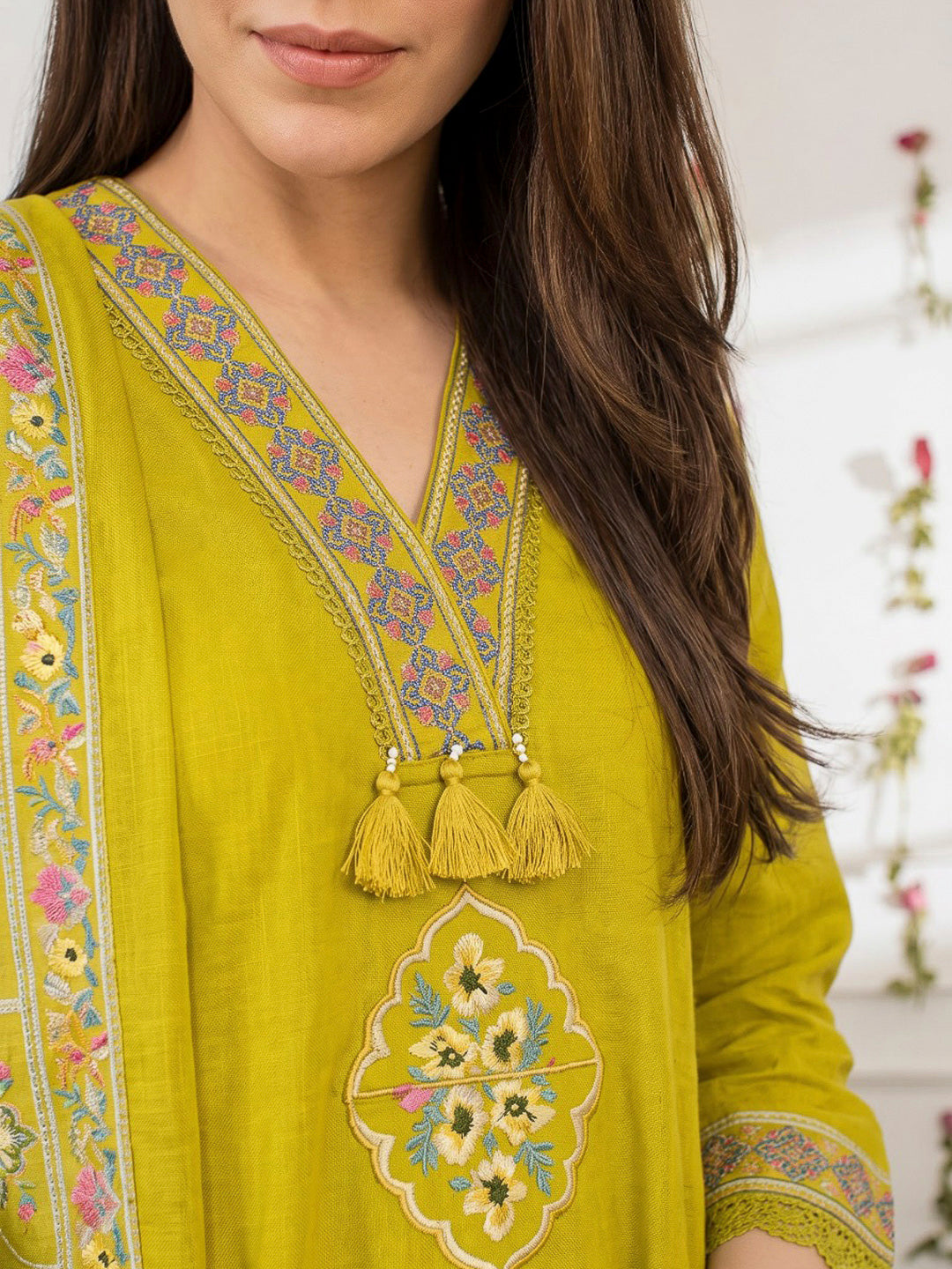 Mustard Embroidered Cotton Blend Kurta With Pant &amp; Dupatta