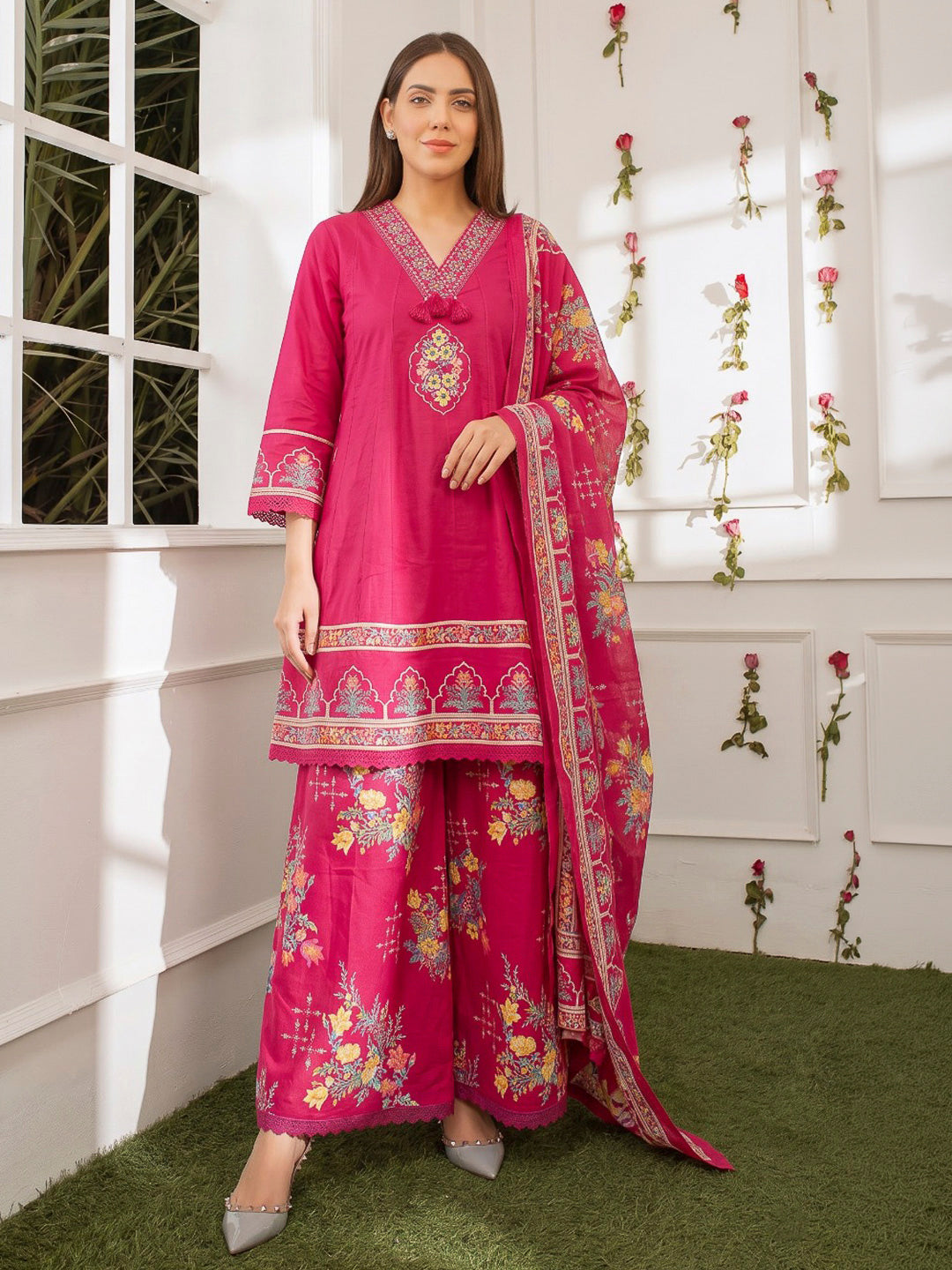 Rani Embroidered Cotton Blend Kurta With Pant &amp; Dupatta