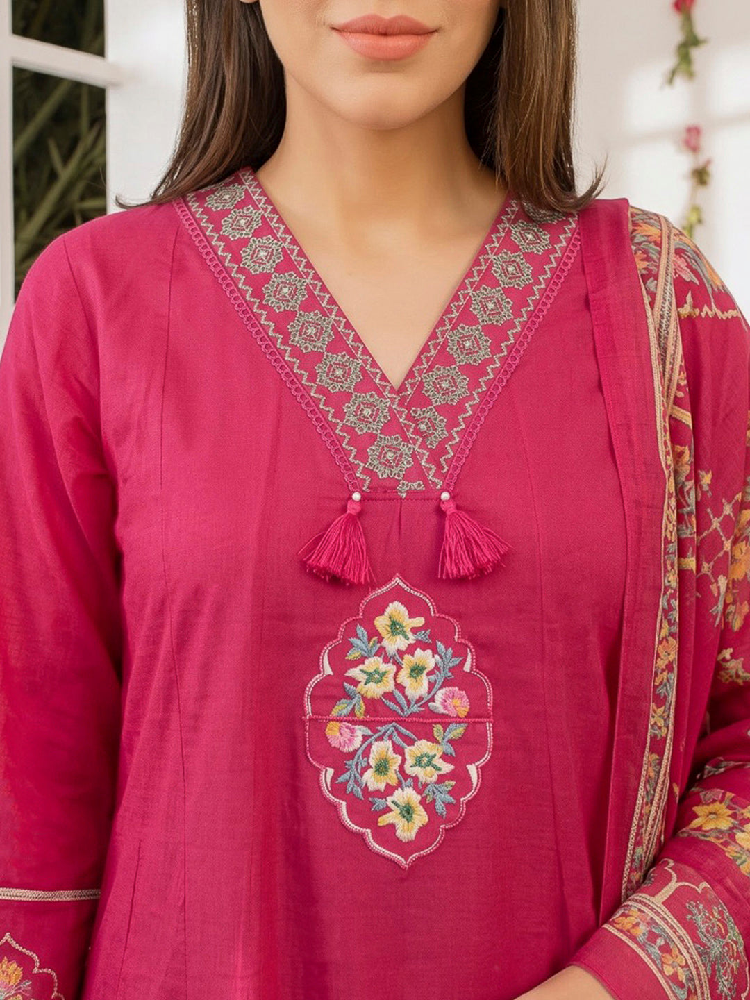 Rani Embroidered Cotton Blend Kurta With Pant &amp; Dupatta