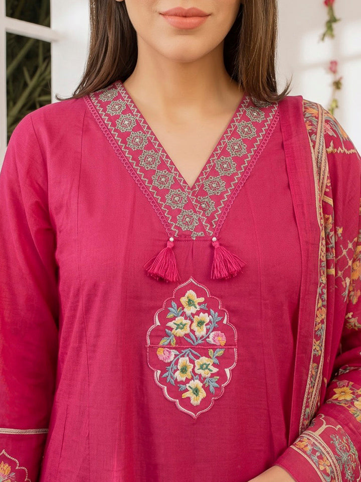 Rani Embroidered Cotton Blend Kurta With Pant &amp; Dupatta