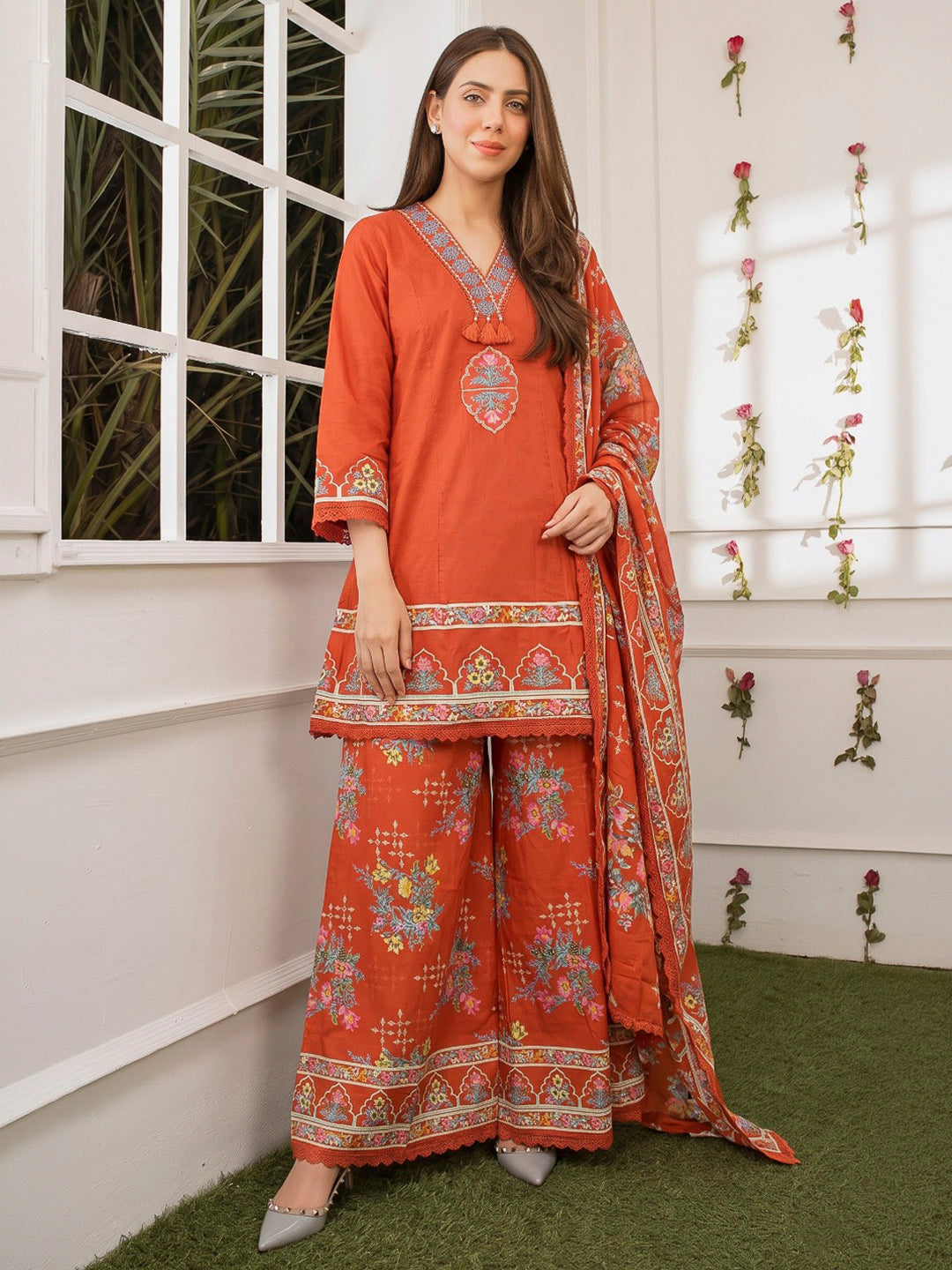 Rust Embroidered Cotton Blend Kurta With Pant &amp; Dupatta