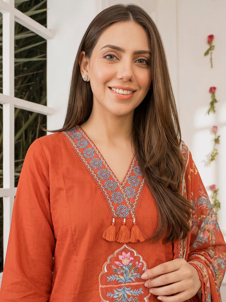 Rust Embroidered Cotton Blend Kurta With Pant &amp; Dupatta