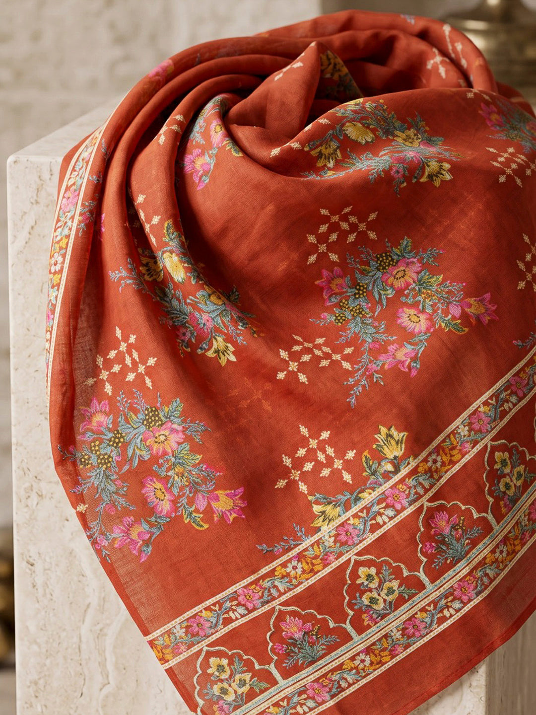 Rust Embroidered Cotton Blend Kurta With Pant &amp; Dupatta