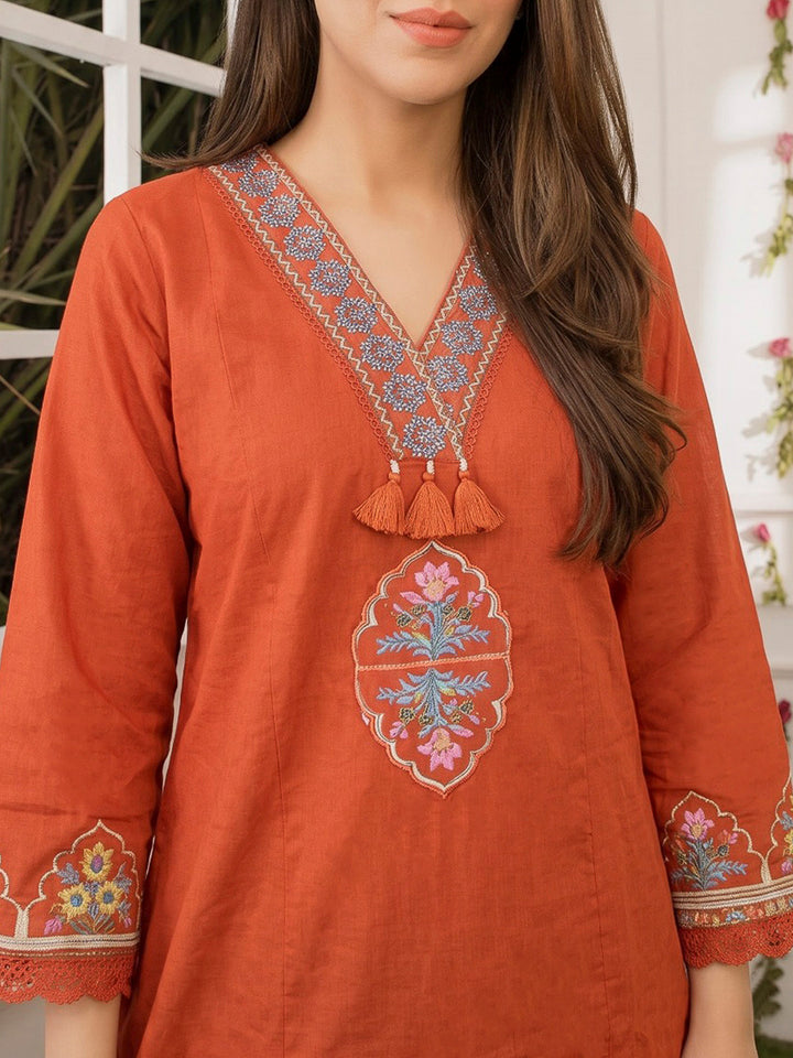 Rust Embroidered Cotton Blend Kurta With Pant &amp; Dupatta