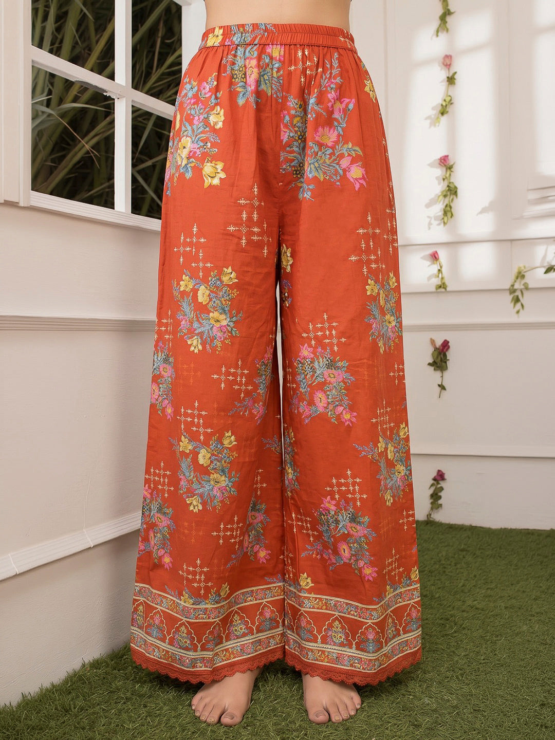 Rust Embroidered Cotton Blend Kurta With Pant &amp; Dupatta