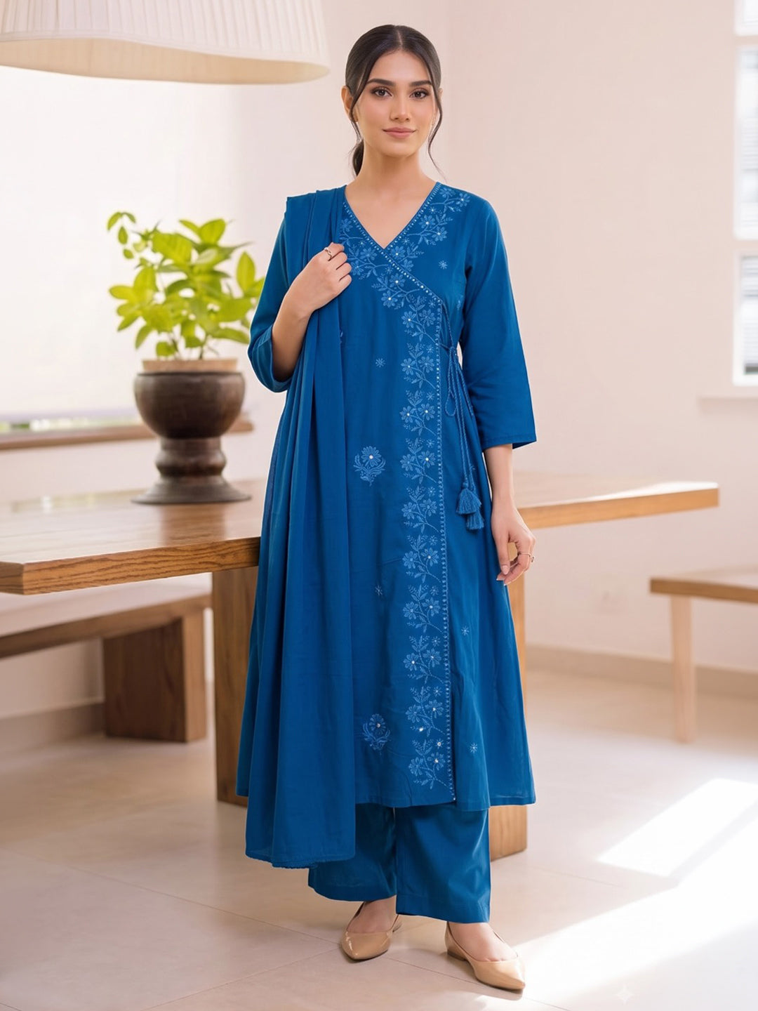 Blue Printed Cotton Blend Kurta With Pant &amp; Dupatta