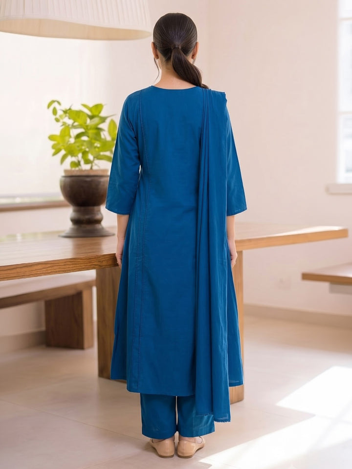 Blue Printed Cotton Blend Kurta With Pant &amp; Dupatta