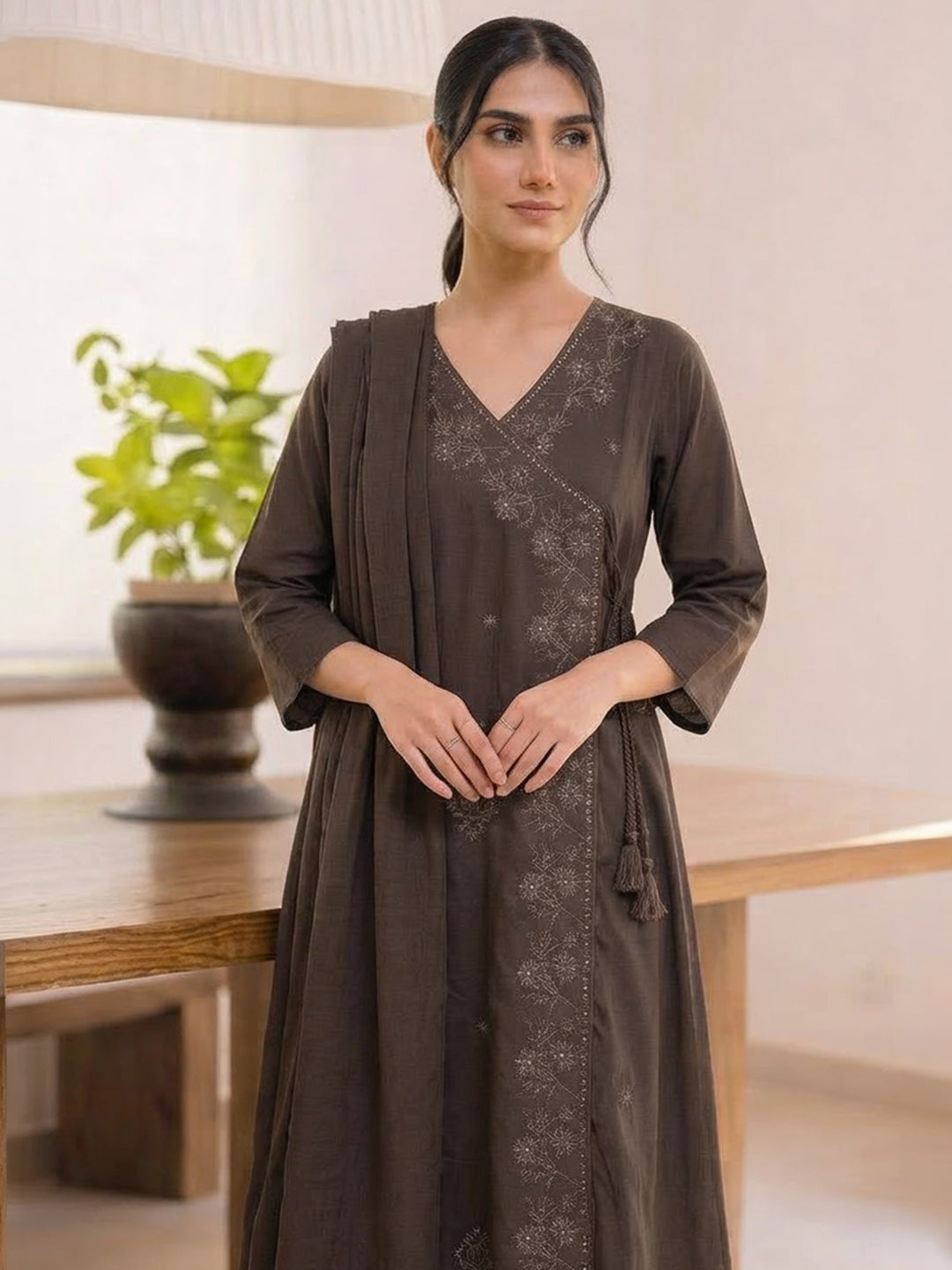 Brown Printed Cotton Blend Kurta With Pant &amp; Dupatta