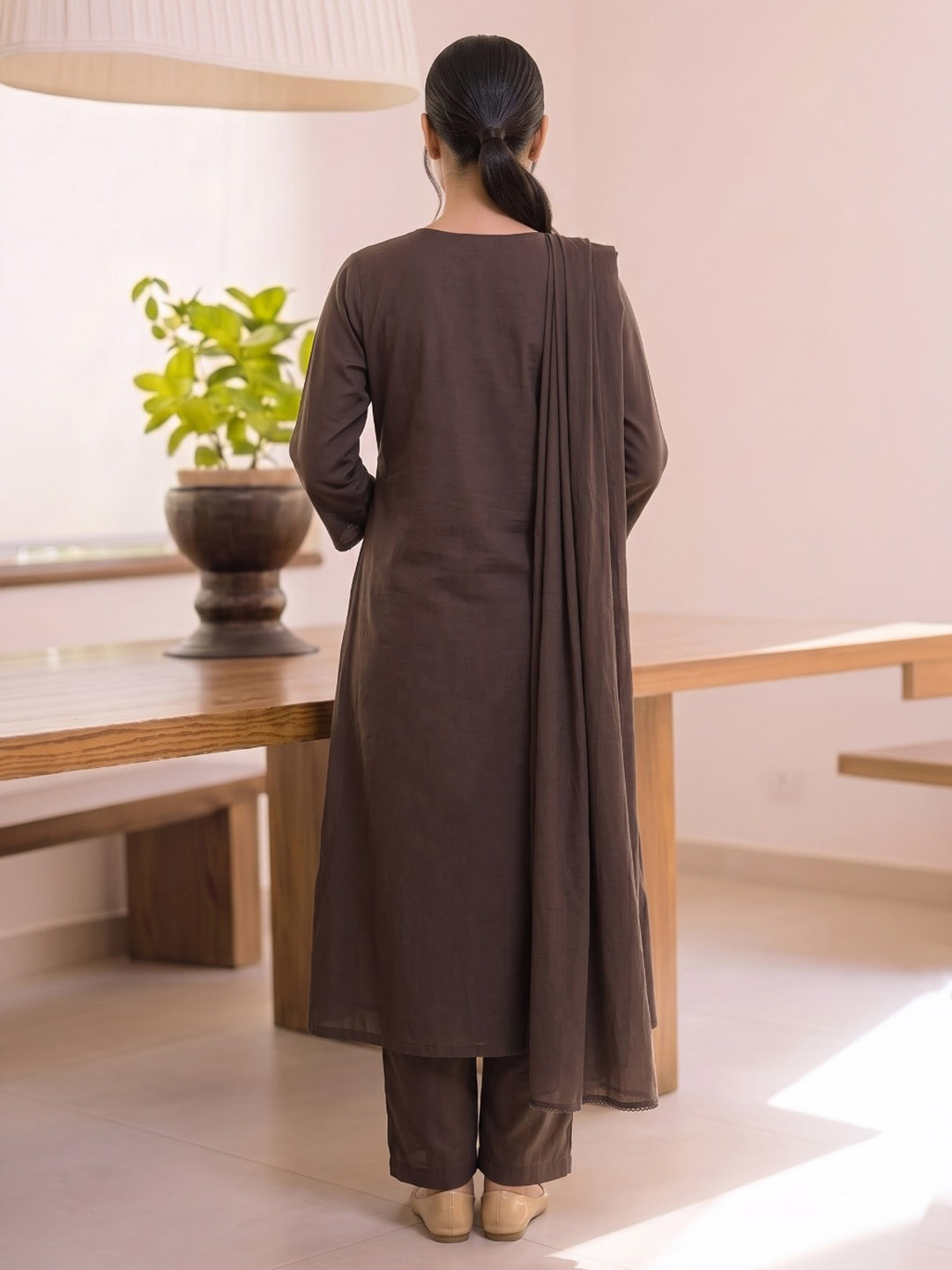 Brown Printed Cotton Blend Kurta With Pant &amp; Dupatta