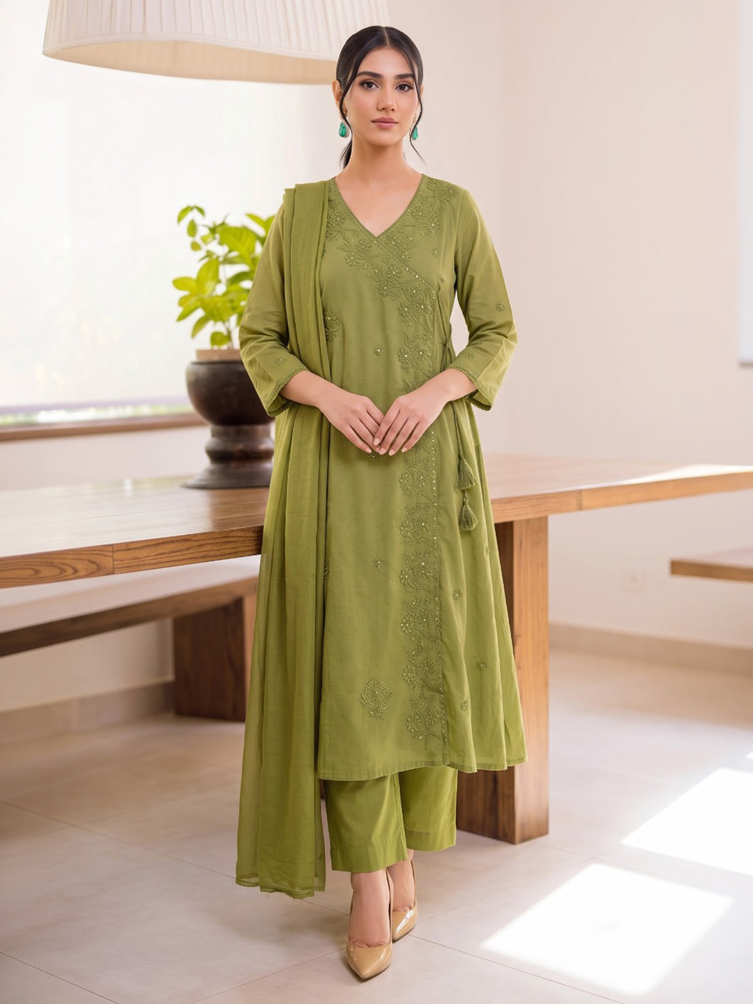 Green Printed Cotton Blend Kurta With Pant &amp; Dupatta