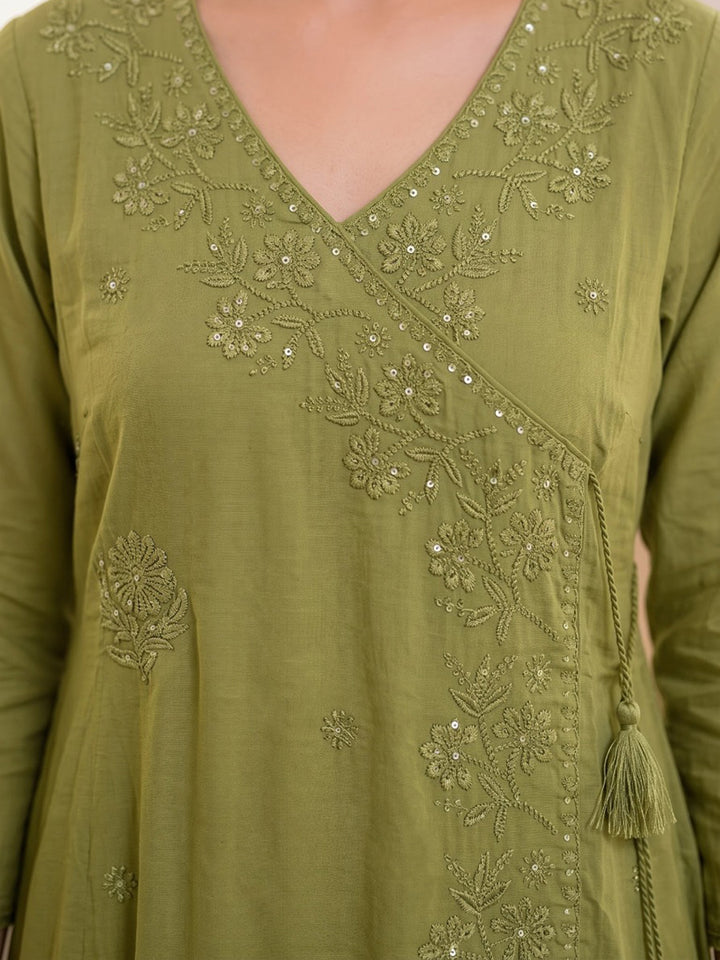 Green Printed Cotton Blend Kurta With Pant &amp; Dupatta