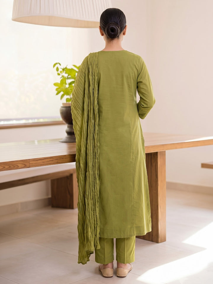 Green Printed Cotton Blend Kurta With Pant &amp; Dupatta