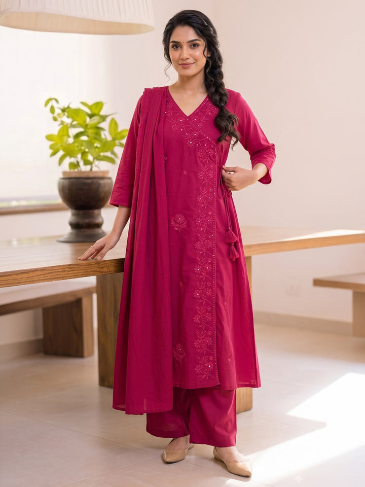 Maroon Printed Cotton Blend Kurta With Pant &amp; Dupatta