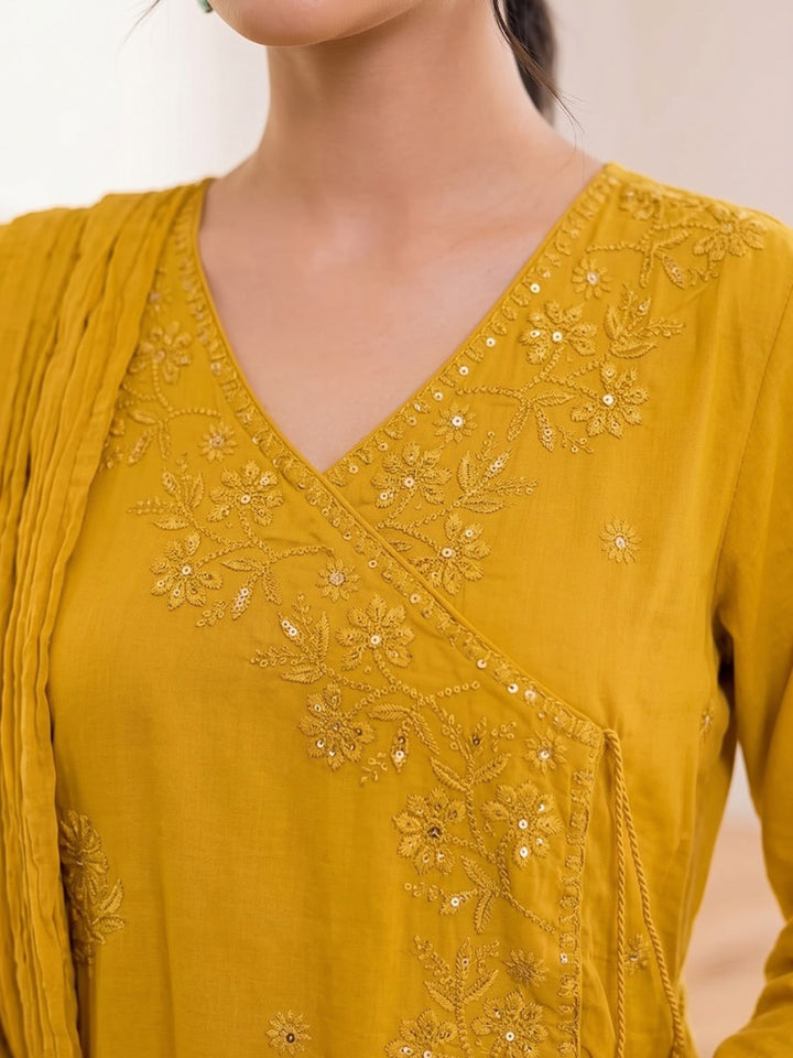 Mustard Printed Cotton Blend Kurta With Pant &amp; Dupatta