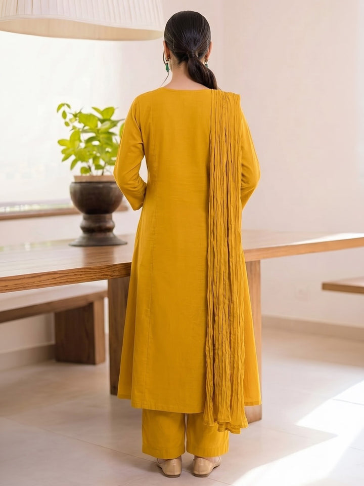 Mustard Printed Cotton Blend Kurta With Pant &amp; Dupatta