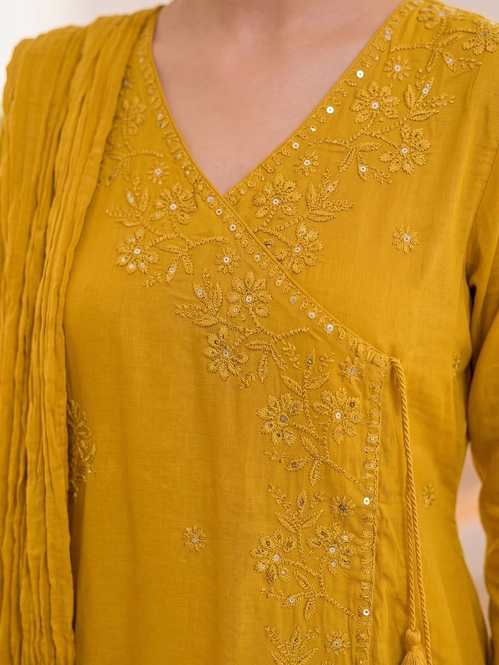 Mustard Printed Cotton Blend Kurta With Pant &amp; Dupatta