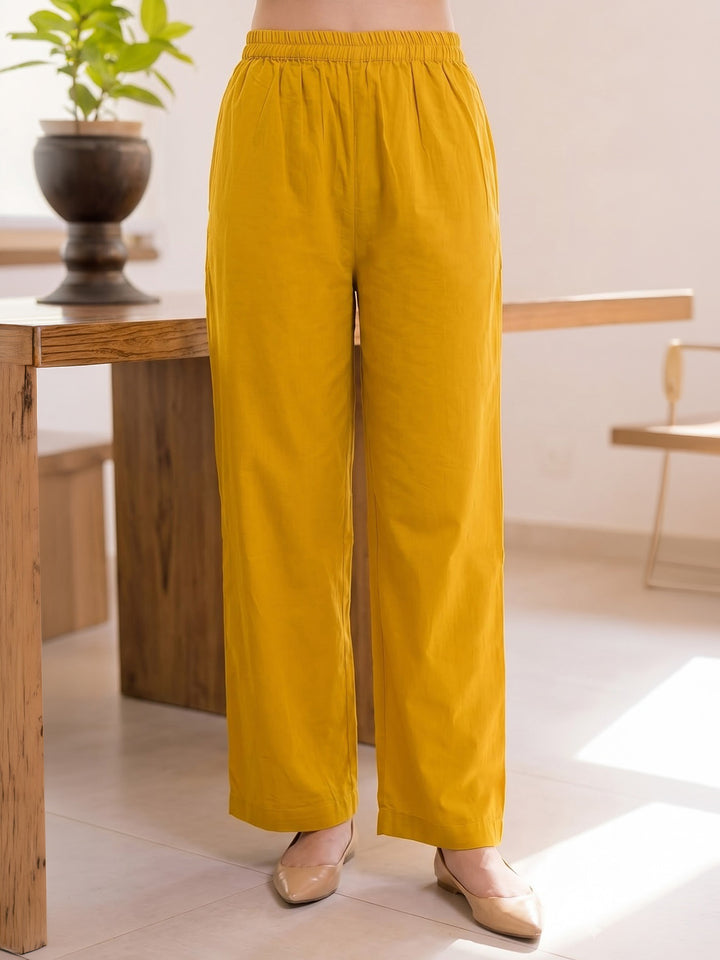 Mustard Printed Cotton Blend Kurta With Pant &amp; Dupatta