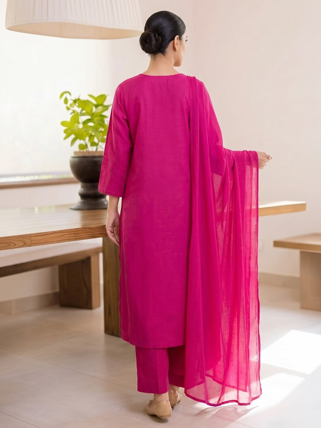 Pink Printed Cotton Blend Kurta With Pant &amp; Dupatta