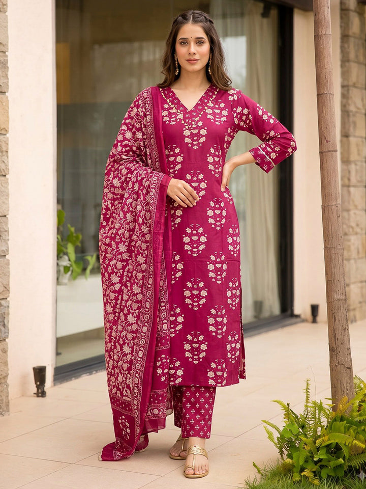 Red Printed Cotton Blend Kurta With Pant &amp; Dupatta