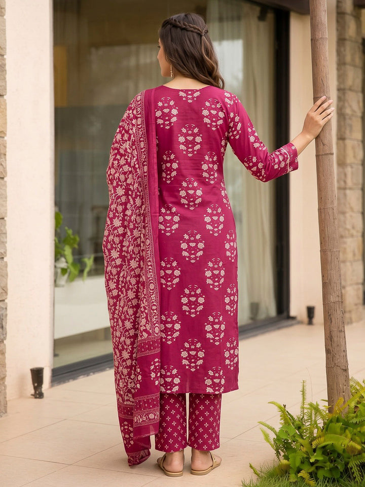 Red Printed Cotton Blend Kurta With Pant &amp; Dupatta