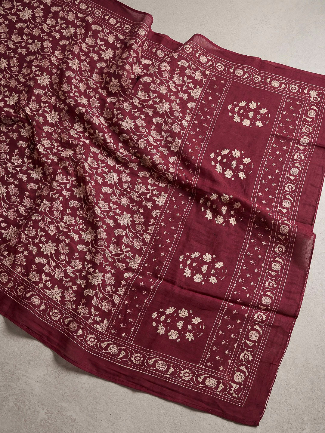 Red Printed Cotton Blend Kurta With Pant &amp; Dupatta