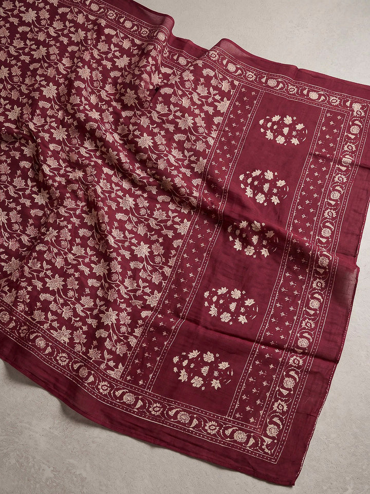 Red Printed Cotton Blend Kurta With Pant &amp; Dupatta