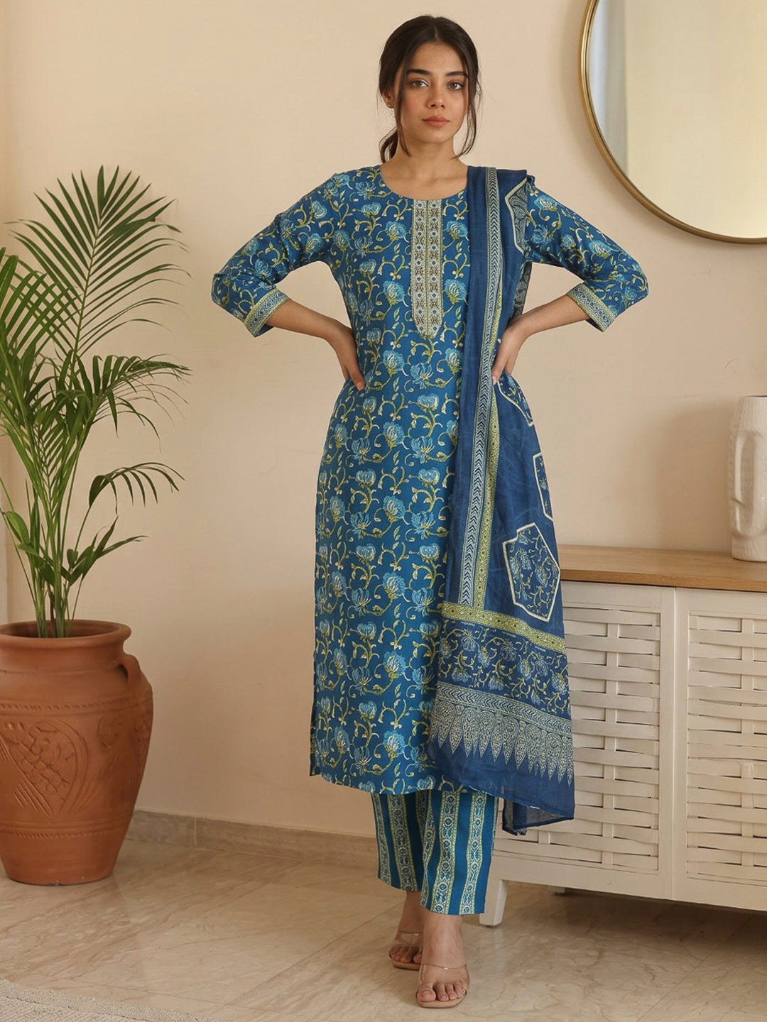 Blue Printed Cotton Blend Kurta With Pant &amp; Dupatta
