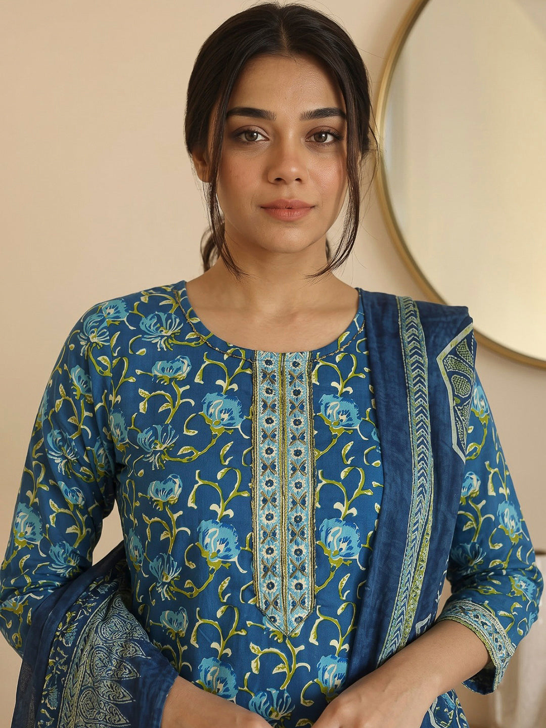 Blue Printed Cotton Blend Kurta With Pant &amp; Dupatta