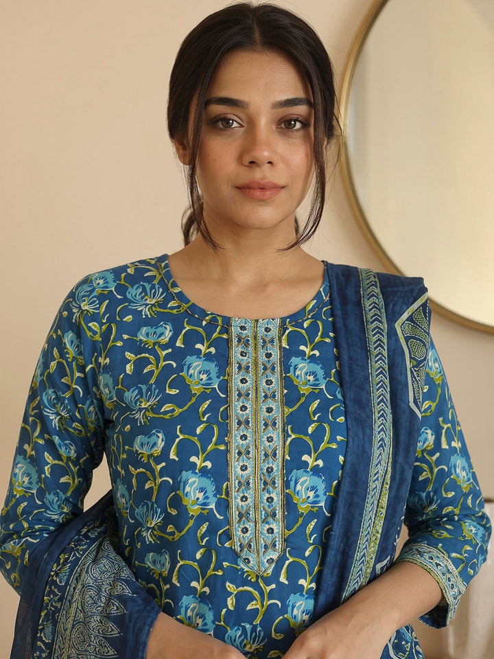 Blue Printed Cotton Blend Kurta With Pant &amp; Dupatta