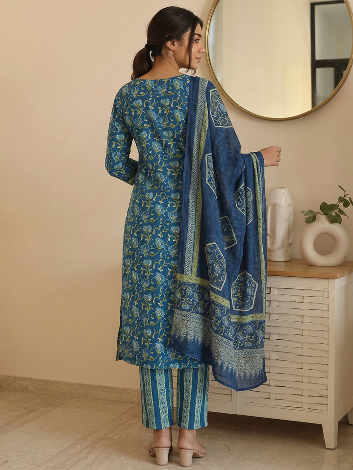 Blue Printed Cotton Blend Kurta With Pant &amp; Dupatta