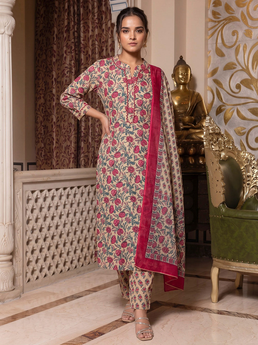 Beige Printed Cotton Blend Kurta With Pant &amp; Dupatta